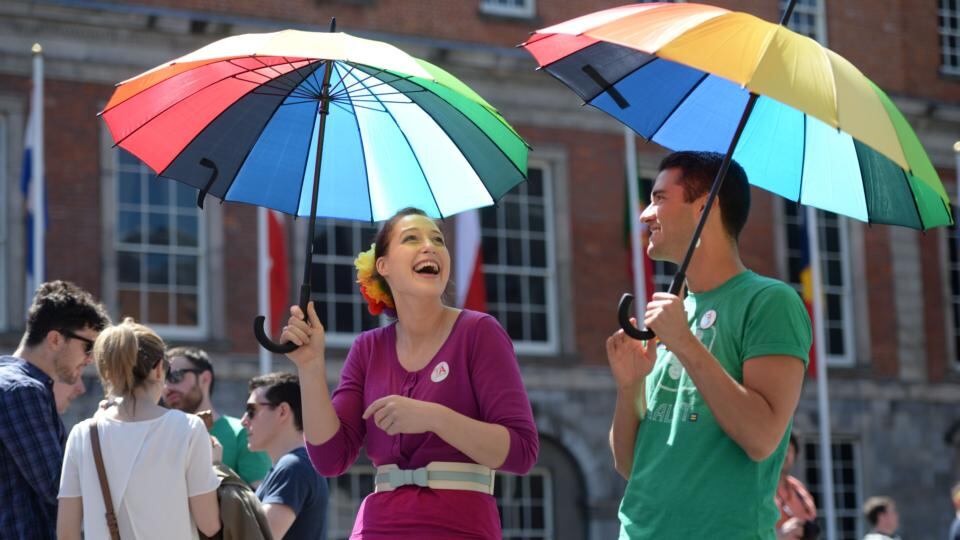 Breda Hegarty, Bantry, West Cork and Raymond Braun, New York  in the court yard of Dublin Castle. Photograph: Dara Mac Dónaill/The Irish Times.