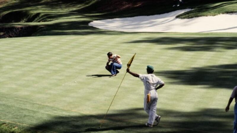 Seve Ballesteros lines up his putt on the 13th green during the final round of the Masters in 1986. Two holes later his challenge faded when his four iron found the water. Photograph: Augusta National/Getty Images