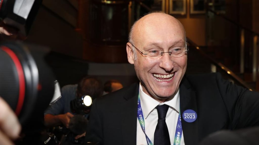 France 2023: Bernard Laporte celebrates after winning the battle to host the Rugby World Cup. Photograph: Adrian Dennis/AFP/Getty