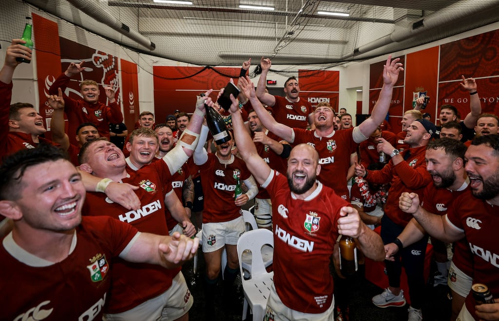 The Lions celebrate in the dressing room after a Test victory in Australia this summer. Photograph: Dan Sheridan/Inpho