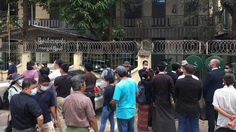 Members of the media gather outside Kamaryut Court in Yangon on March 12th, 2021. Photograph: STR/AFP via Getty