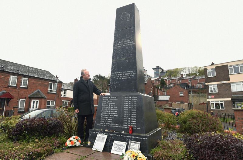 Archbishop Eamon Martin at the Bloody Sunday memorial on Rossville Street, Derry. Photograph: Trevor McBride