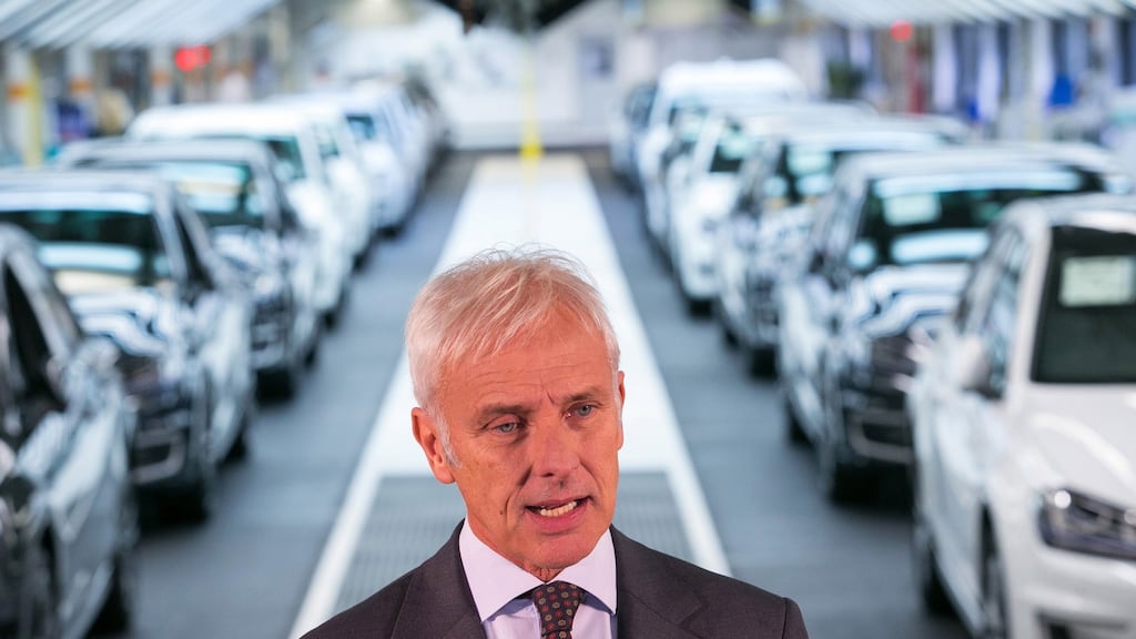 Matthias Mueller, chief executive officer of Volkswagen speaks during a news conference after meeting with employees on the VW Golf automobile assembly line, at the automaker’s headquarters in Wolfsburg, Germany. Photographer: Krisztian Bocsi/Bloomberg