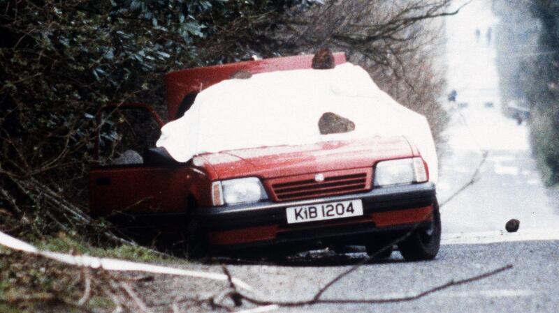 The bullet-riddled car belonging to RUC officers Harry Breen and Bob Buchannon. Photograph: Pacemaker