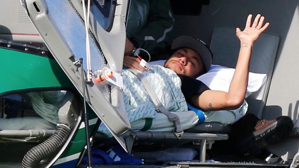 Injured Brazilian national soccer team player Neymar waits to be airlifted home from Brazil’s training camp inTeresopolis, near Rio de Janeiro. Marcelo Regua/Reuters