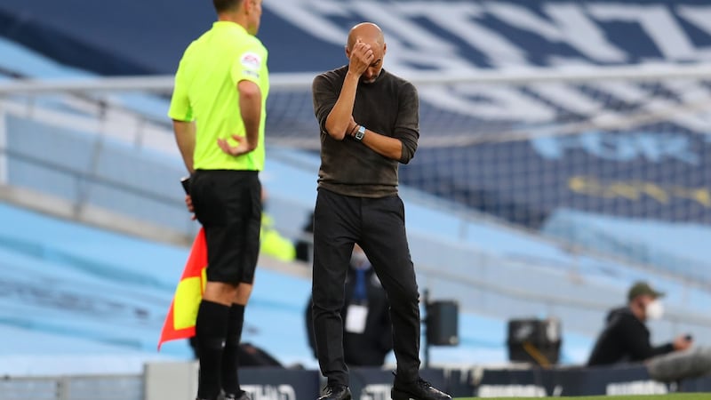 Pep Guardiola’s Man City were beaten 5-2 by Leicester. Photograph:  Catherine Ivill/Getty