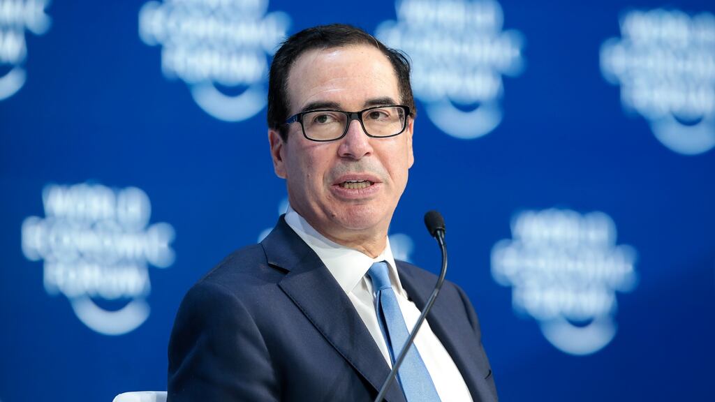 US treasury secretary Steven Mnuchin speaks during a panel session on the closing day of the World Economic Forum in Davos. Photograph: Jason Alden/Bloomberg