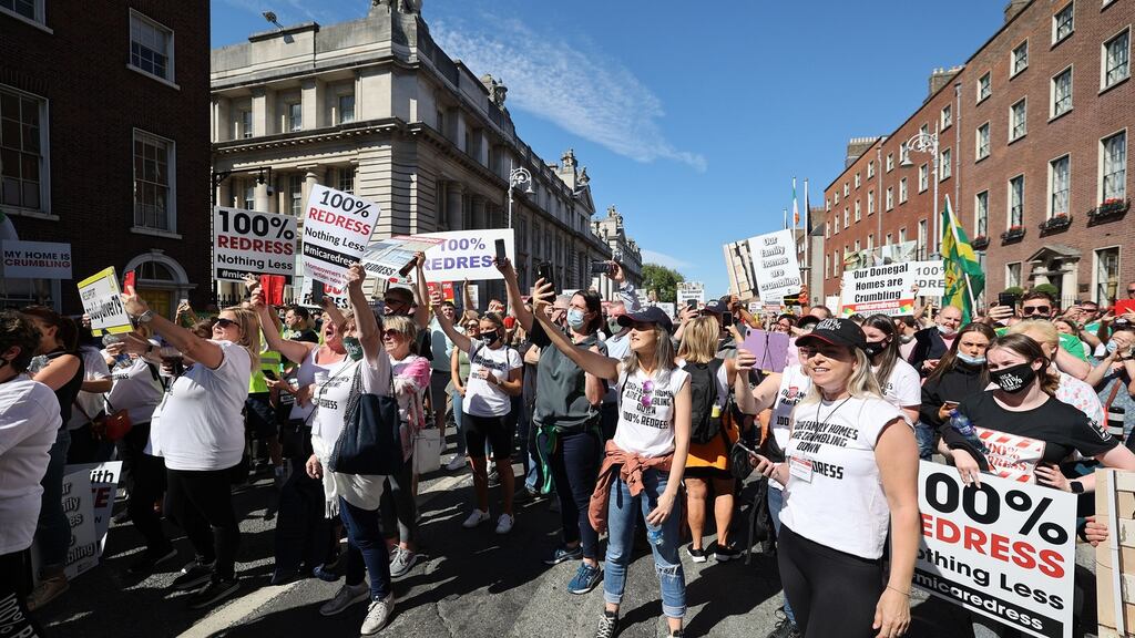Thousands of people from Donegal and Mayo protested in Dublin in June in support of a 100% redress scheme for homes and other buildings affected by blocks defective due to the mineral mica. Photograph: Nick Bradshaw