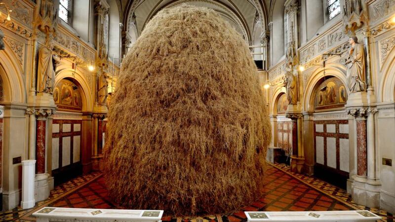 A giant haystack by Patrick O’Reilly in his studio, St Alphonsus Church, in Drumcondra, Dublin. Photograph: David Sleator