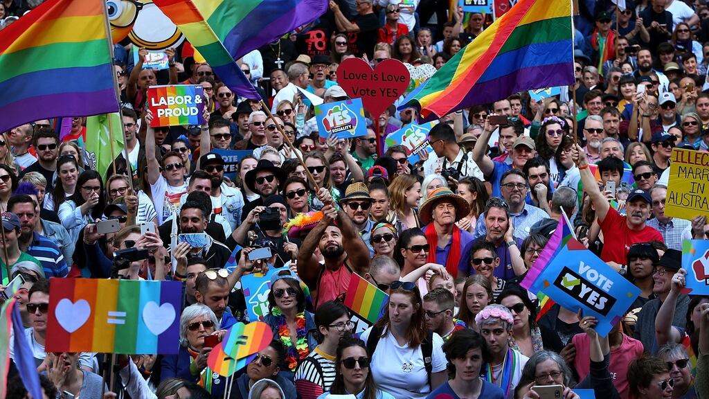 Thousands gather at Sydney Town Hall to support a yes vote for the upcoming same-sex marriage survey on September 10, 2017 in Sydney, Australia. Photograph: Lisa Maree Williams/Getty Images