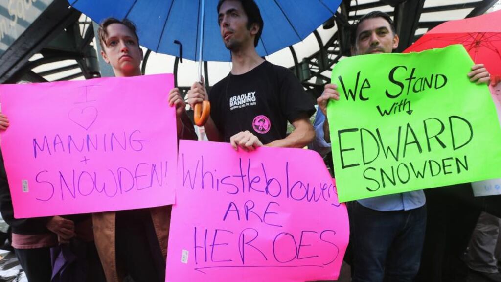 Supporters gather at a rally in Manhattan's Union Square in support of whistleblower Edward Snowden. Photograph: Mario Tama/Getty