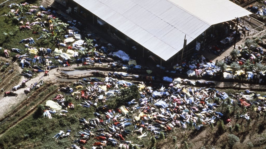 Dead bodies lie around the compound of the Peoples Temple cult on November 18th, 1978 after more than 900 members of died from drinking cyanide-laced Kool Aid; Photograph: David Hume Kennerly/Getty Images