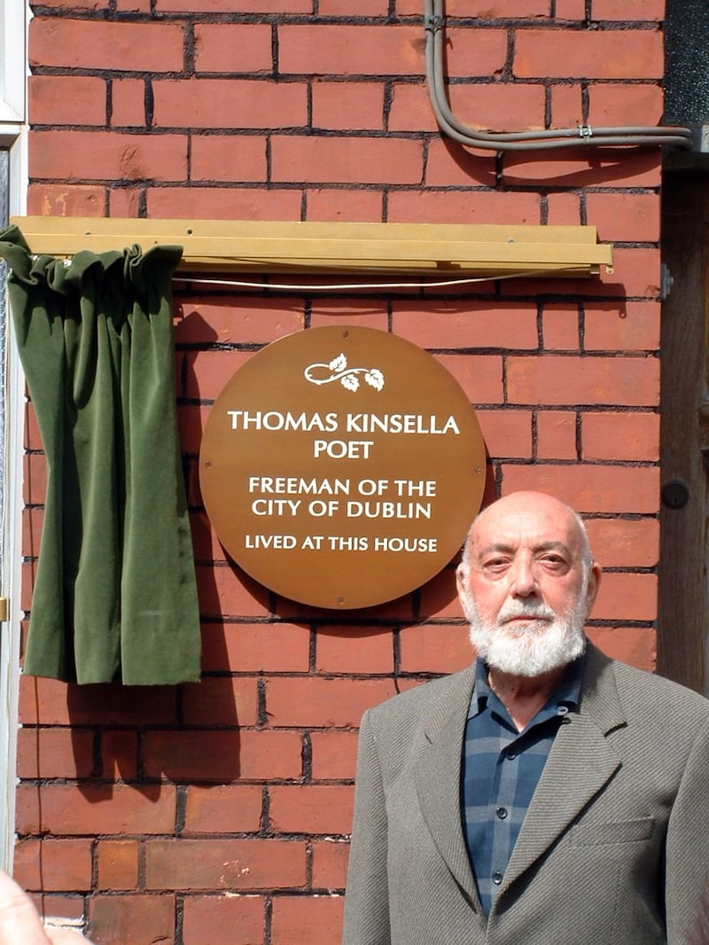Thomas Kinsella at the unveiling of a plaque on his childhood home. Photograph: Gerard Symth