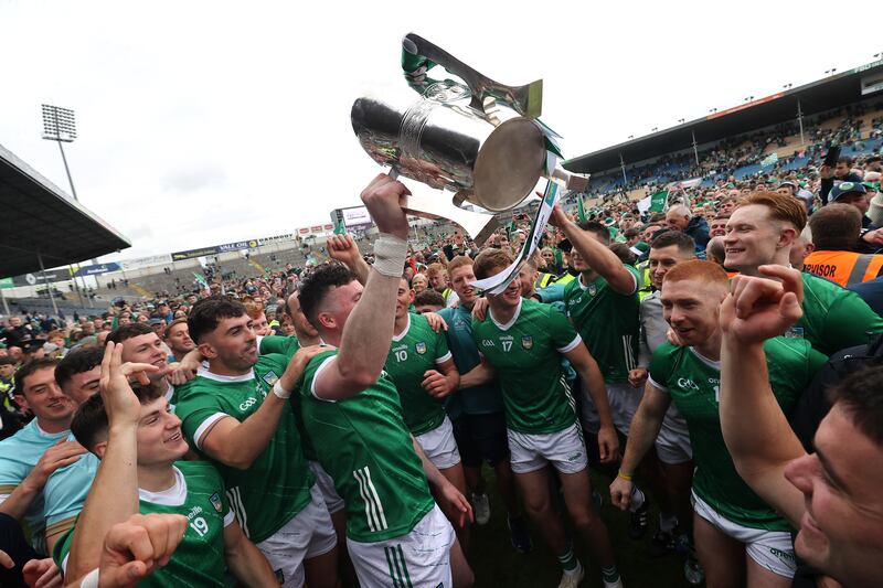 Limerick's Declan Hannon lifts the Mick Macky Cup after beating Clare in last year's Munster final. Photograph: Bryan Keane/Inpho