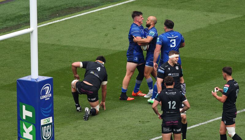 Dan Sheehan celebrates with Jamison Gibson-Park after scoring Leinster's first try against Glasgow Warriors. Photograph: Ben Brady/Inpho