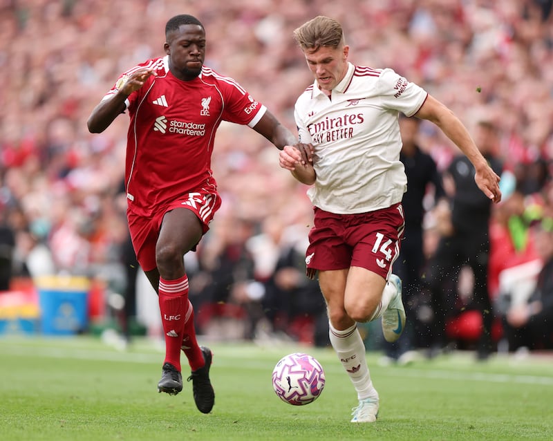 Liverpool defender Ibrahima Konaté in action against Arsenal striker Viktor Gyökeres at Anfield. Photograph: Alex Pantling/Getty Images