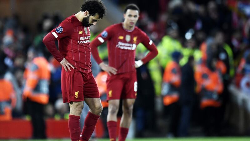 Mohamed Salah and Trent Alexander-Arnold after Liverpool’s defeat to Atletico. Photograph: Peter Powell/EPA