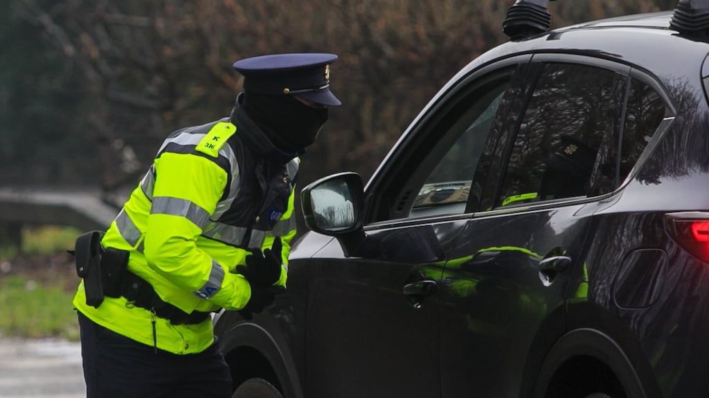 A garda at a checkpoint on the Navan Road, Dublin on Thursday.  Photograph: Gareth Chaney/Collins