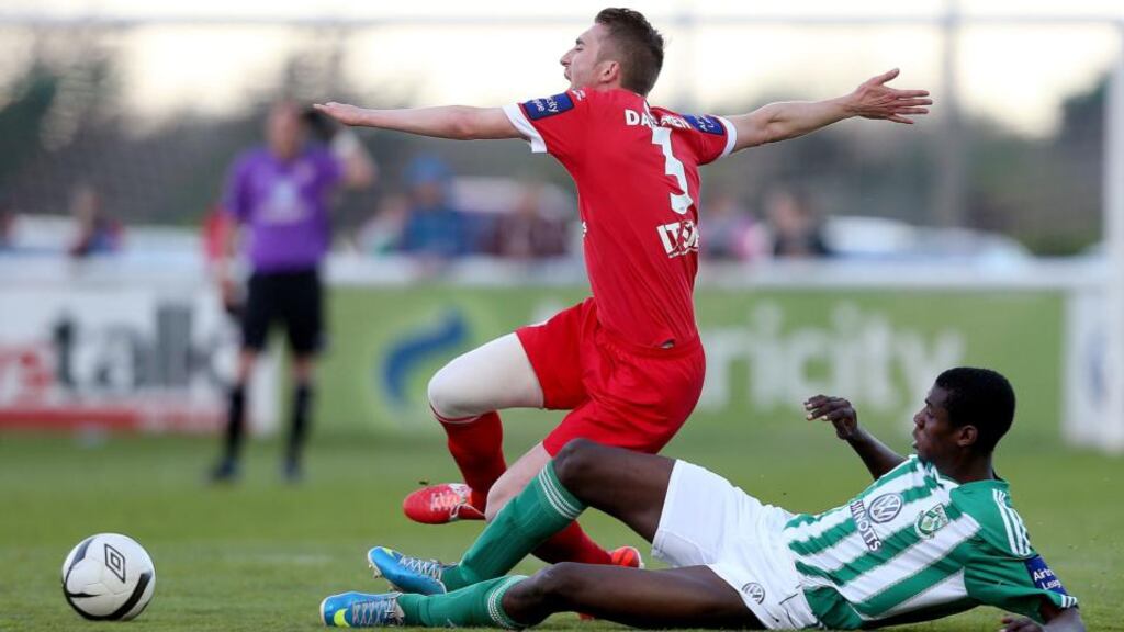Bray’s Ismahil Akinade and Iarfhlaith Davoren of Sligo Rovers at the Carlisle Grounds. Photograph: James Crombie/Inpho