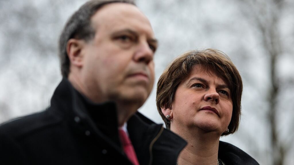 DUP leader Arlene Foster (R) and deputy leader Nigel Dodds (L) make a statement on College Green in Westminster in London, England. File photograph: Jack Taylor/Getty Images