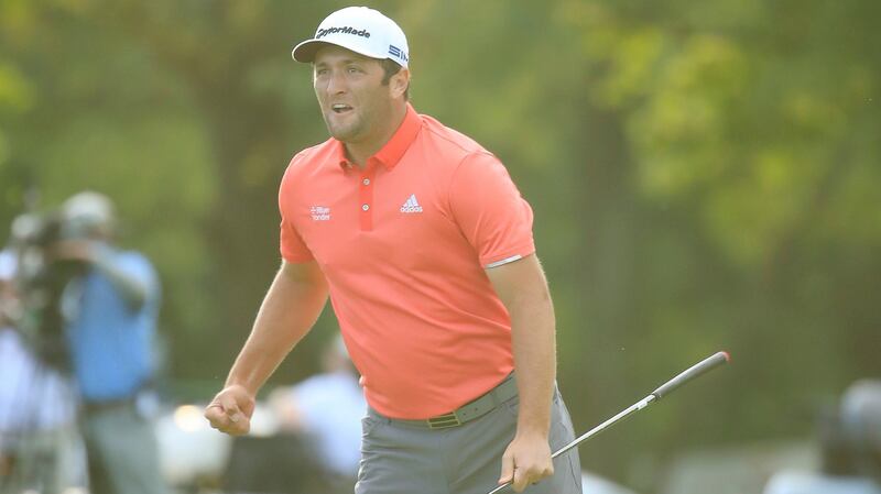 Spain’s Jon Rahm celebrates holing a 66-foot putt to defeat Dustin Johnson in a sudden death playoff on the 18th hole during the final round of the BMW Championship on the North Course at Olympia Fields Country Club in Olympia Fields, Illinois. Photograph: Andy Lyons/Getty Images