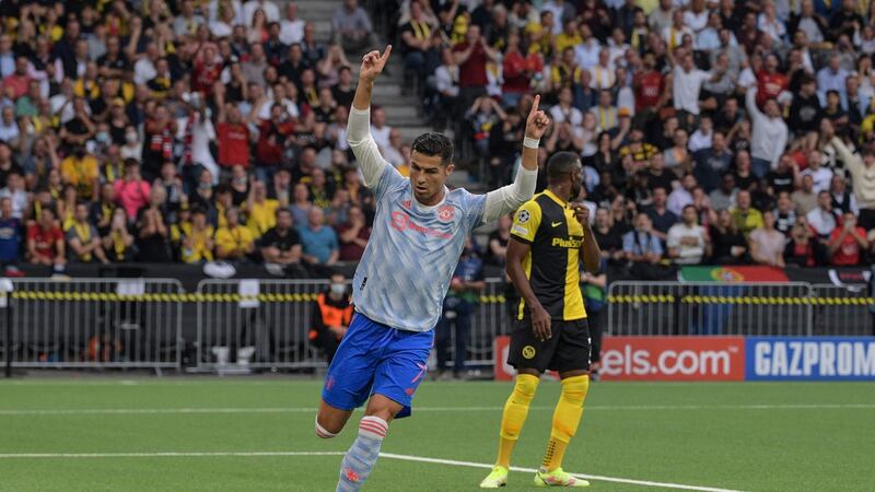 Manchester United striker Cristiano Ronaldo celebrates after scoring the opening goal during the Champions League Group F match against Young Boys at the Wankdorf stadium in Berne. Photograph: Sebastien Bozon/AFP via Getty Images