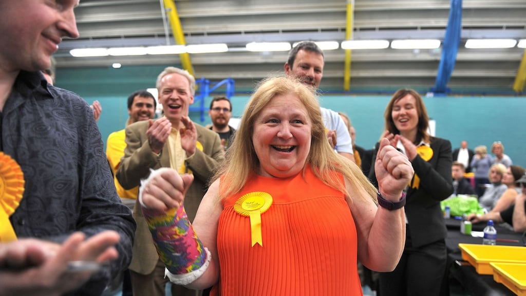Liberal Democrat candidate for Chelmsford West Jude Deakin celebrates with colleagues after retaining her seat in the Essex County Council local elections in Chelmsford, Essex. Photograph: Nick Ansell/PA Wire