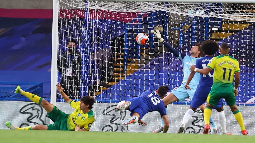 Olivier Giroud scores for Chelsea during the Premier League game against Norwich at Stamford Bridge. Photograph: Julian Finney/AFP via Getty Images