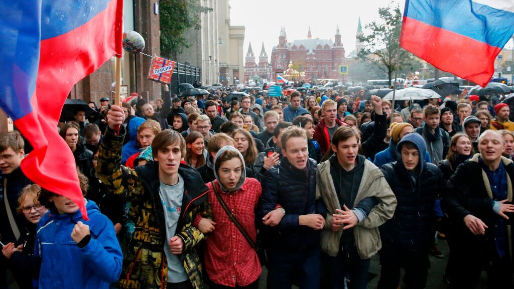 Demonstrators attend an unauthorized anti-Kremlin rally called by opposition leader Alexei Navalny, who is serving a 20-day jail sentence, in downtown Moscow on October 7, 2017, President Vladimir Putin’s 65th birthday. Photograph: Maxim Zmeyev/AFP/Getty Images
