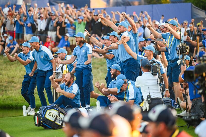 Team Europe players celebrate in Rome. Photograph: Keyur Khamar/PGA TOUR via Getty