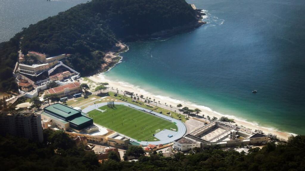 An aerial view of England’s training session in progress at the Urca military base near Copacabana beach yesterday.  Photograph: Wong Maye-E).