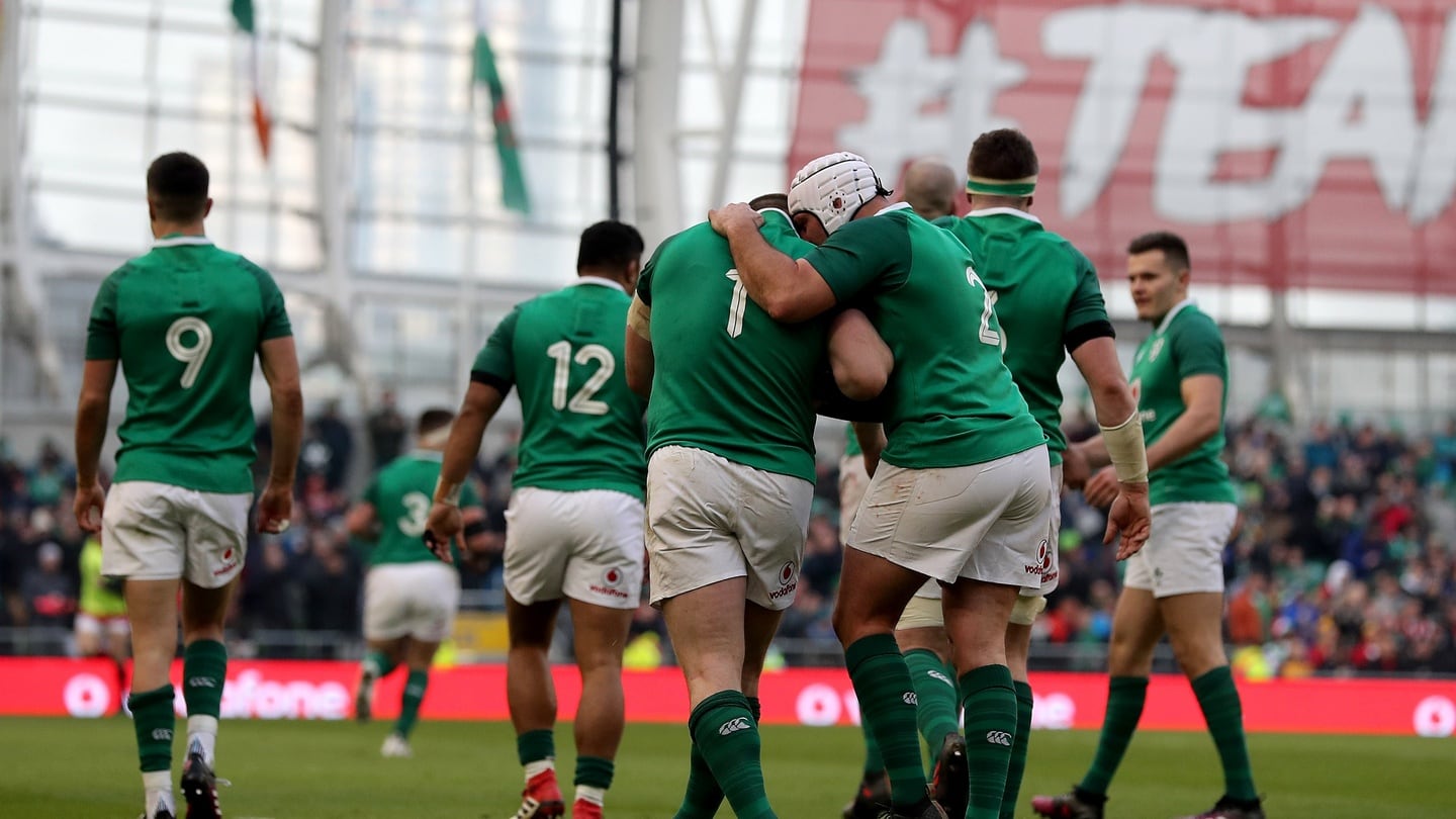 Ireland’s Cian Healy celebrates scoring their fourth try of the game with Rory Best during the Six Nations win over Wales. Photo: Dan Sheridan/Inpho