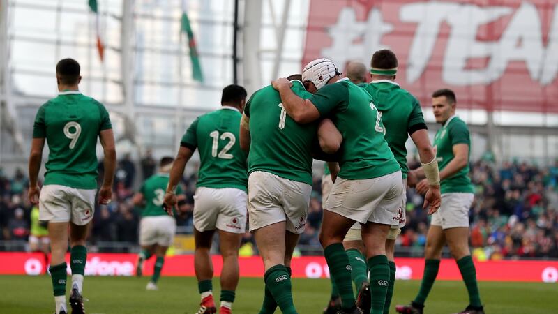Ireland’s Cian Healy celebrates scoring their fourth try of the game with Rory Best during the Six Nations win over Wales. Photo: Dan Sheridan/Inpho