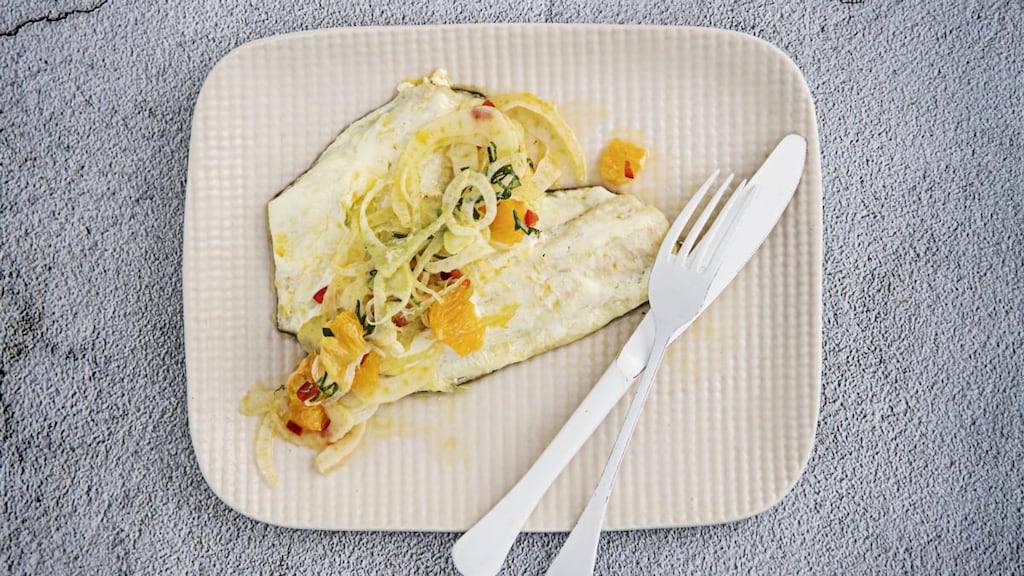 Baked lemon sole, fennel, orange and chilli