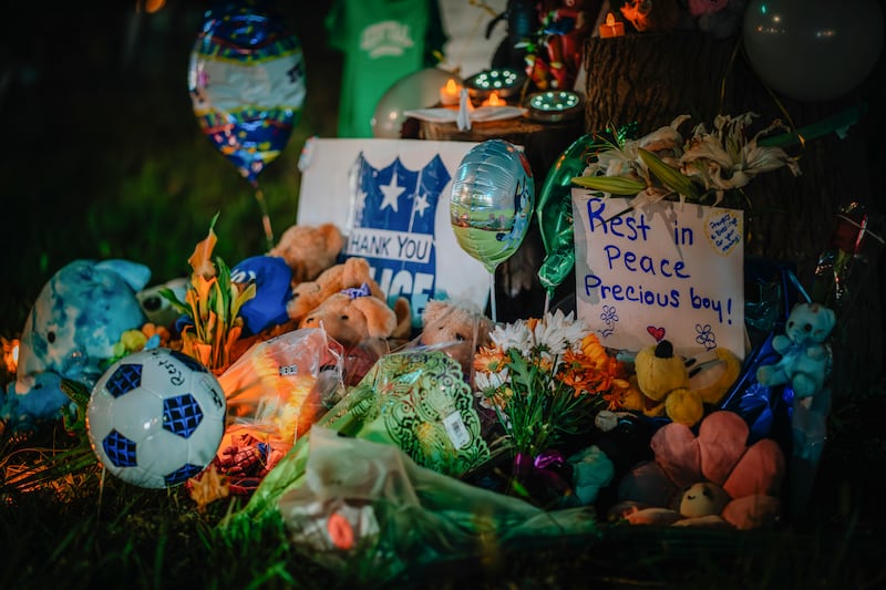 A makeshift memorial outside the home where six-year-old Wadea Al-Fayoume had lived in Illinois. A local sheriff’s office said that he was stabbed to death over the weekend in an attack motivated by hate for Muslims and the fighting in Israel and Gaza. Photograph: Jamie Kelter Davis/The New York Times