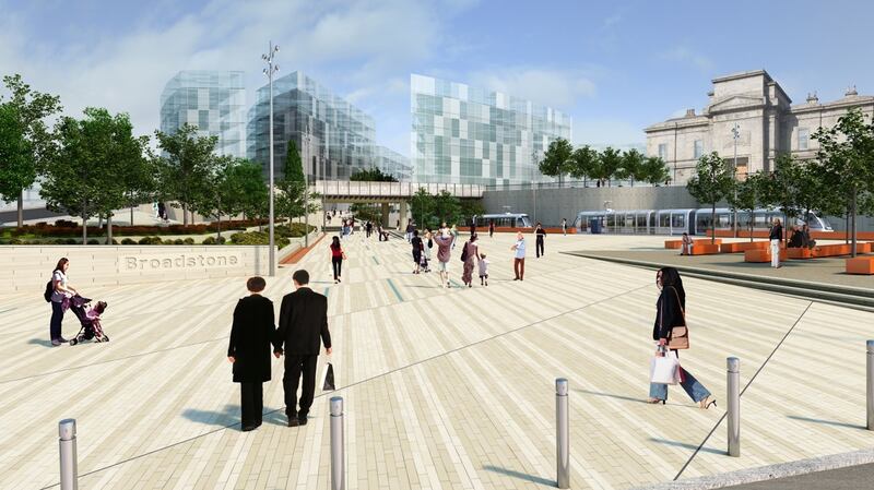 An artist’s impression of new Broadstone DIT Luas stop. The wall in front of the building on the right is to be removed and replaced with something more appropriate.