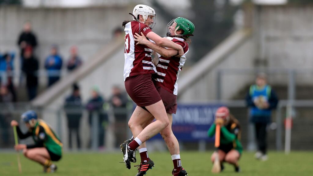 Slaughtneil’s Josie McMullan and Siobhán McKaigue celebrate at the final whistle after the semi-final win over Tipperary and Munster champions, Burgess Duharra. Photograph: Donall Farmer/Inpho