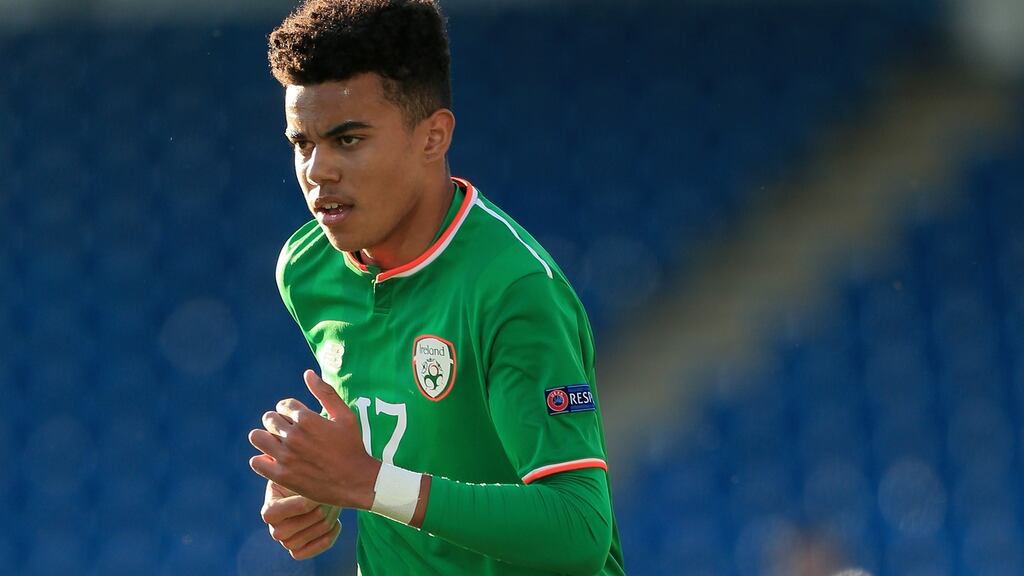 Tyreik Wright scored four goals in Ireland’s 13-0 victory over Gibraltar in the European Under-19 Championships first qualifying round in Straßwalchen, Austria. Photograph: Simon Stacpoole/Inpho