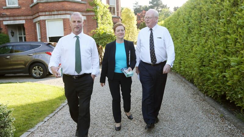 Local elections, Kimmage-Rathmines:  Samantha Long (Independent) canvasses with Senators Victor Boyhan (left) and Michael McDowell in Dartry, Dublin. Photograph: Laura Hutton/The Irish Times
