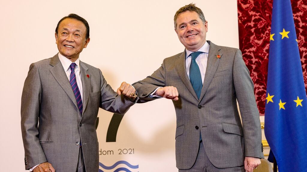 Japan’s finance minister Taro Aso with Minister for Finance and Eurogroup president Paschal Donohoe at the G7 finance ministers meeting in London at the weekend. Photograph: Rob Pinney/PA