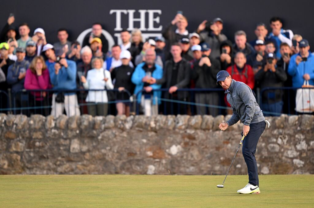 Rory McIlroy celebrates his birdie on the Road Hole during the second round of the Open at St Andrews. Photograph: Ross Kinnaird/Getty Images