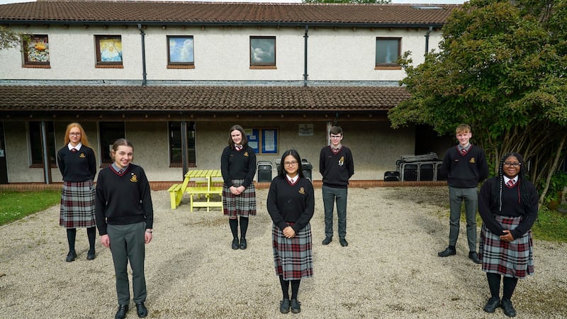 Caroline Copeland, David Griffin, Lucy Horrigan, Mary Grace Arejola, David Wright, Ben Malone and Temi Gbenle are all Leaving Cert students in Lucan Community College. Photograph: Enda O’Dowd