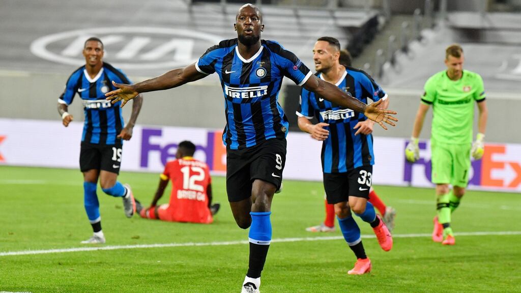 Inter Milan’s Romelu Lukaku celebrates after scoring his side’s second goal during the Europa League quarter-final win over Bayer Leverkusen at Duesseldorf Arena. Photo: Martin Meissner/AP Photop