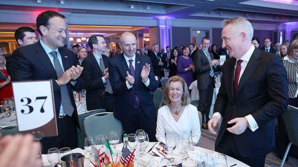 Taoiseach Leo Varadkar,American Chamber of Commerce Ireland president James O’Connor and Bryan Bourke, managing partner of William Fry giving former Irish ambassador to the United States Anne Anderson a standing ovation as she received a lifetime achievement award at the chamber’s Thanksgiving lunch at the Clayton Hotel, Burlington Road, Dublin. Photograph: Julien Behal