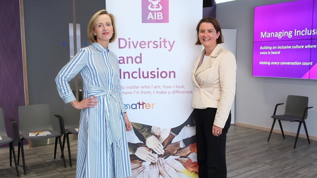 Mary Kennedy (left) with Cathy Bryce, head of AIB Corporate, Institutional and Business Banking. Bryce is a key advocate of Women Matters and the importance of fostering a diverse and inclusive working environment.