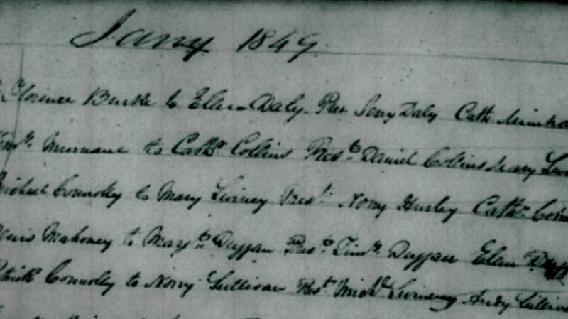 Marriage record from Schull, Co Cork of Florence and Ellen Daly, 1849.