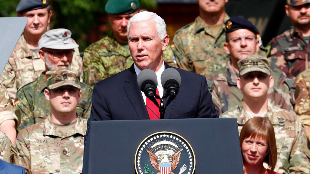 US vice-president Mike Pence delivering a speech on a visit to Nato troops in Estonia on Monday. He heard warm praise for the US sanctions on Russia during talks with leaders of the three Baltic states. Photograph: Ints Kalnins/Reuters