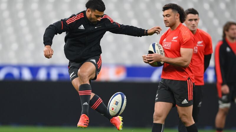 New Zealand’s Richie Mo’unga shows off his footballing skills during the Captain’s Run at the Stade de France. Photograph: Mike Hewitt/Getty Images