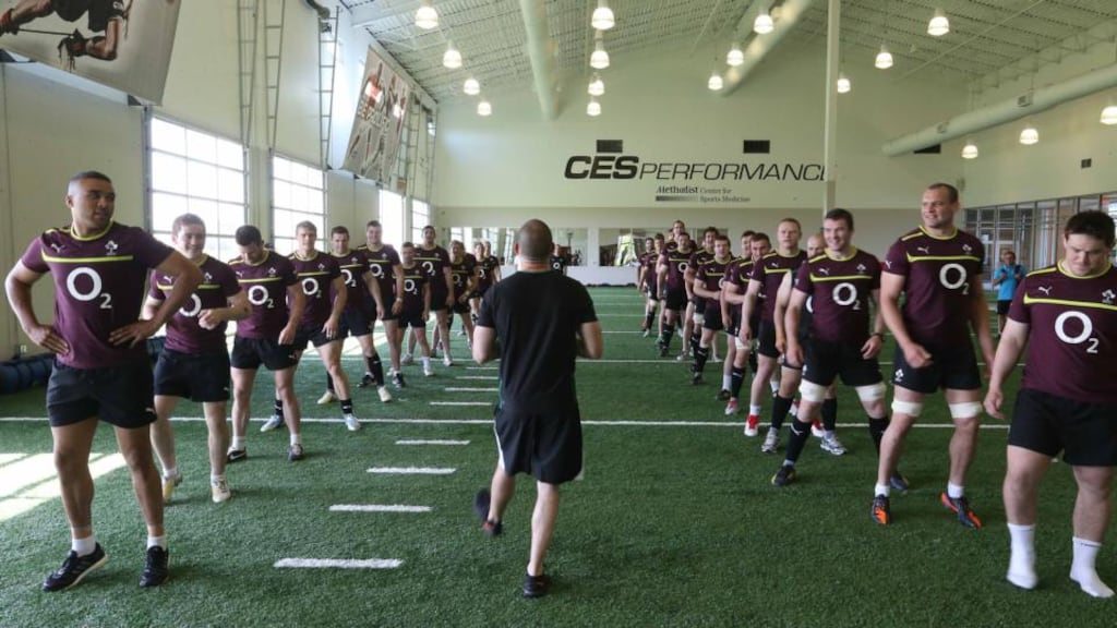 Ireland fitness coach Jason Cowman takes the squad during training in Houston, Texas. Photograph: Billy Stickland/Inpho