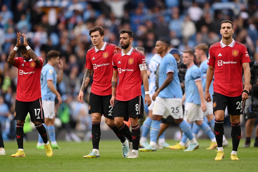 Fred, Victor Lindelöf, Bruno Fernandes and Diogo Dalot of Manchester United following the 6-3 defeat to Manchester City at Etihad Stadium. Photograph: Laurence Griffiths/Getty Images